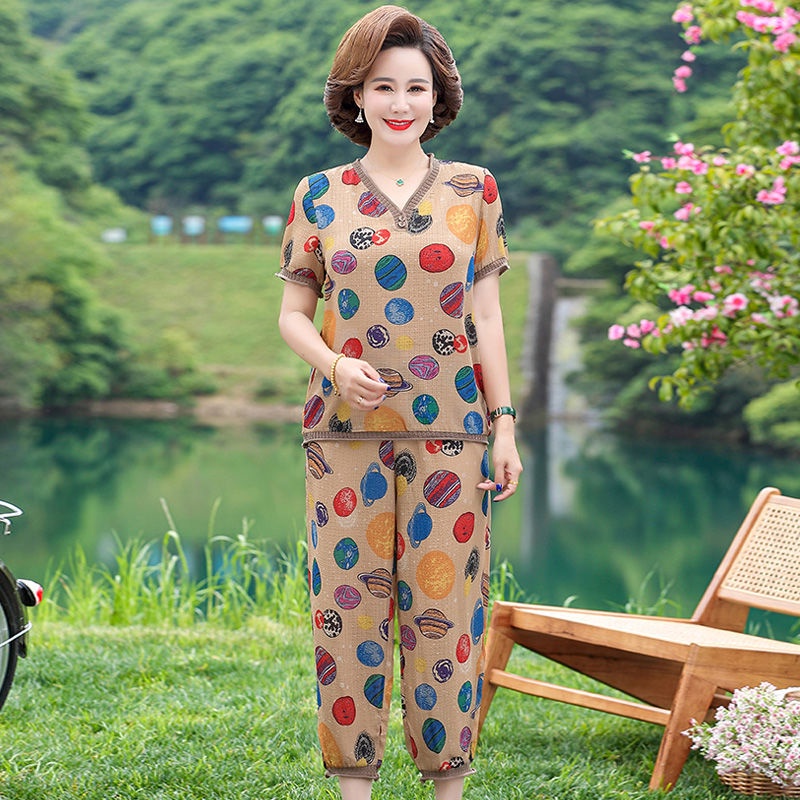 ✼⊕✾Mom áo thun ngắn tay hai mảnh mùa hè cho phụ nữ trung niên và người lớn tuổi Bộ đồ cotton