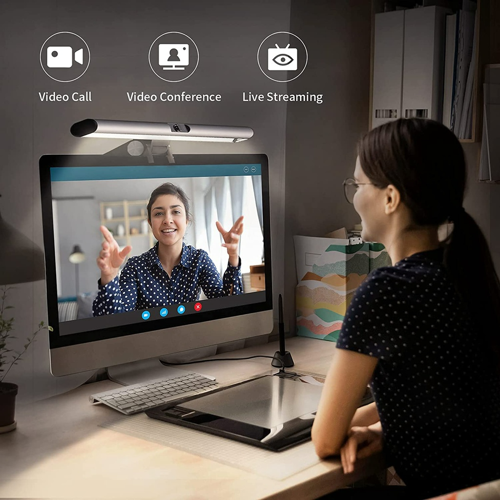 Đèn treo gắn màn hình máy tính, laptop có camera và mic,bảo vệ mắt, điều chỉnh ánh sáng, tích hợp cam 1080p+mic