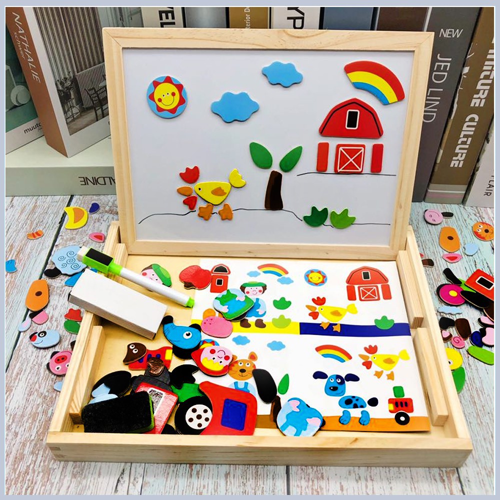 Bộ bảng gỗ ghép hình nam châm hơn 30 chi tiết, bộ tranh xếp hình sáng tạo cho bé