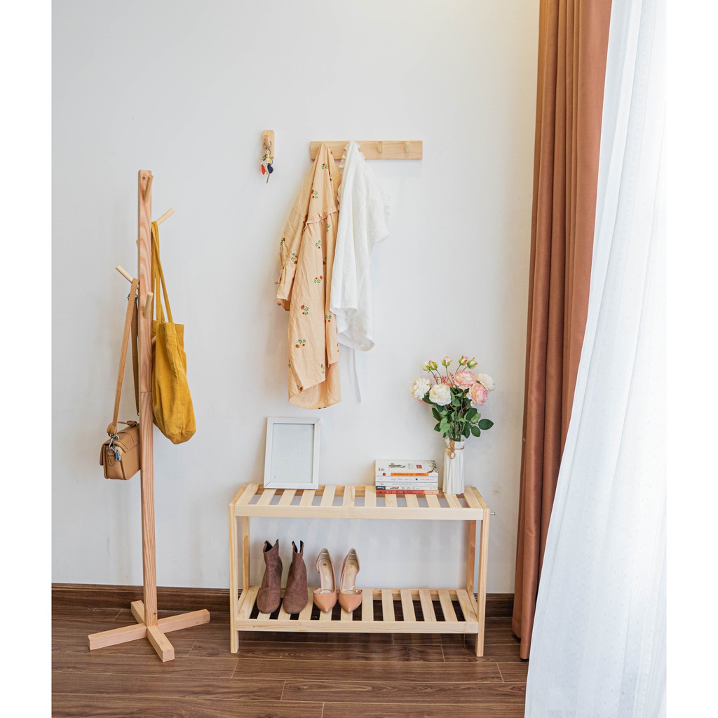 Cây treo quần áo đứng bằng gỗ thông, móc quần áo gỗ Standing Hanger phong cách Hàn Quốc tối giản KT 150cm x 50cm x 50cm