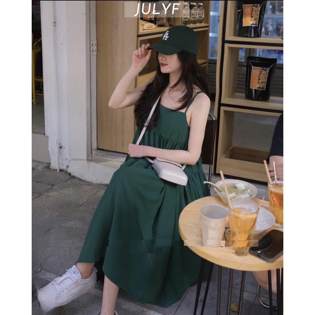 Váy nữ đũi xước màu xanh JULYF - Đầm 2 dây dáng suông babydoll 3 tầng mặc đi biển phong cách hàn quốc đẹp ulzzang