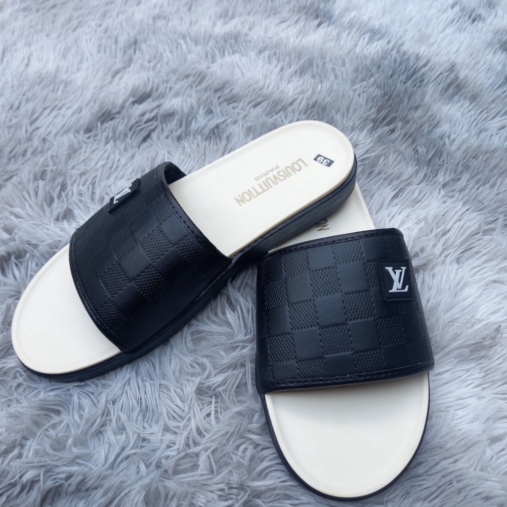 Dép LV Nam Quai Ngang dép Unisex nam nữ đế bánh mì chất liệu cao su non LV Ngang Kem