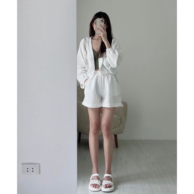 Set bộ áo khoác mũ kèm quần short chất đũi tơ mềm mịn phong cách thể thao năng động Nhungkudostore
