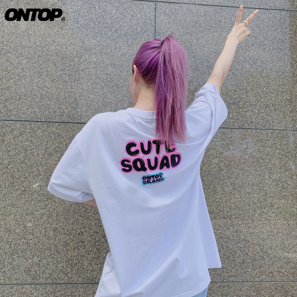 Áo thun tay lỡ form rộng nam nữ màu trắng ONTOP - Cute Squad