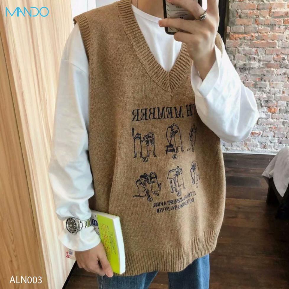 Áo Len Unisex (Gile) Ghi Lê Vintage, Thu Đông Phong Cách Hàn Quốc Thời Trang MANDO - ALN003