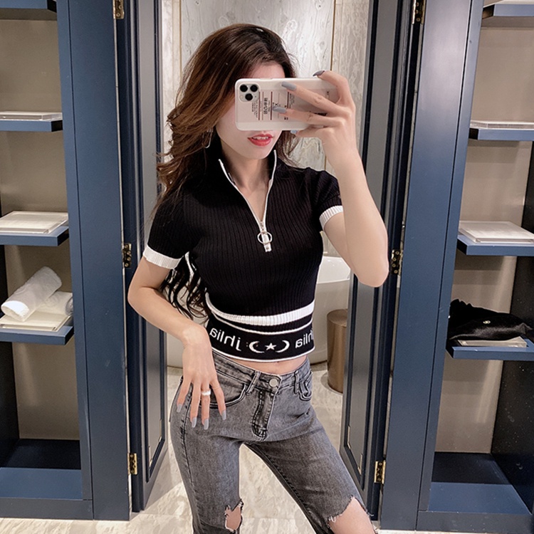 Áo Thun Tay Ngắn Cổ Cao Ôm Dáng Phối Khóa Kéo Thời Trang Mùa Hè Hàn Quốc 2022 Mới Cho Nữ