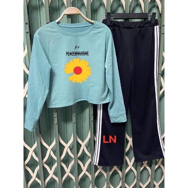 Sét áo croptoo dài tay hoa cúc + quần rộng 3 sọc TH6