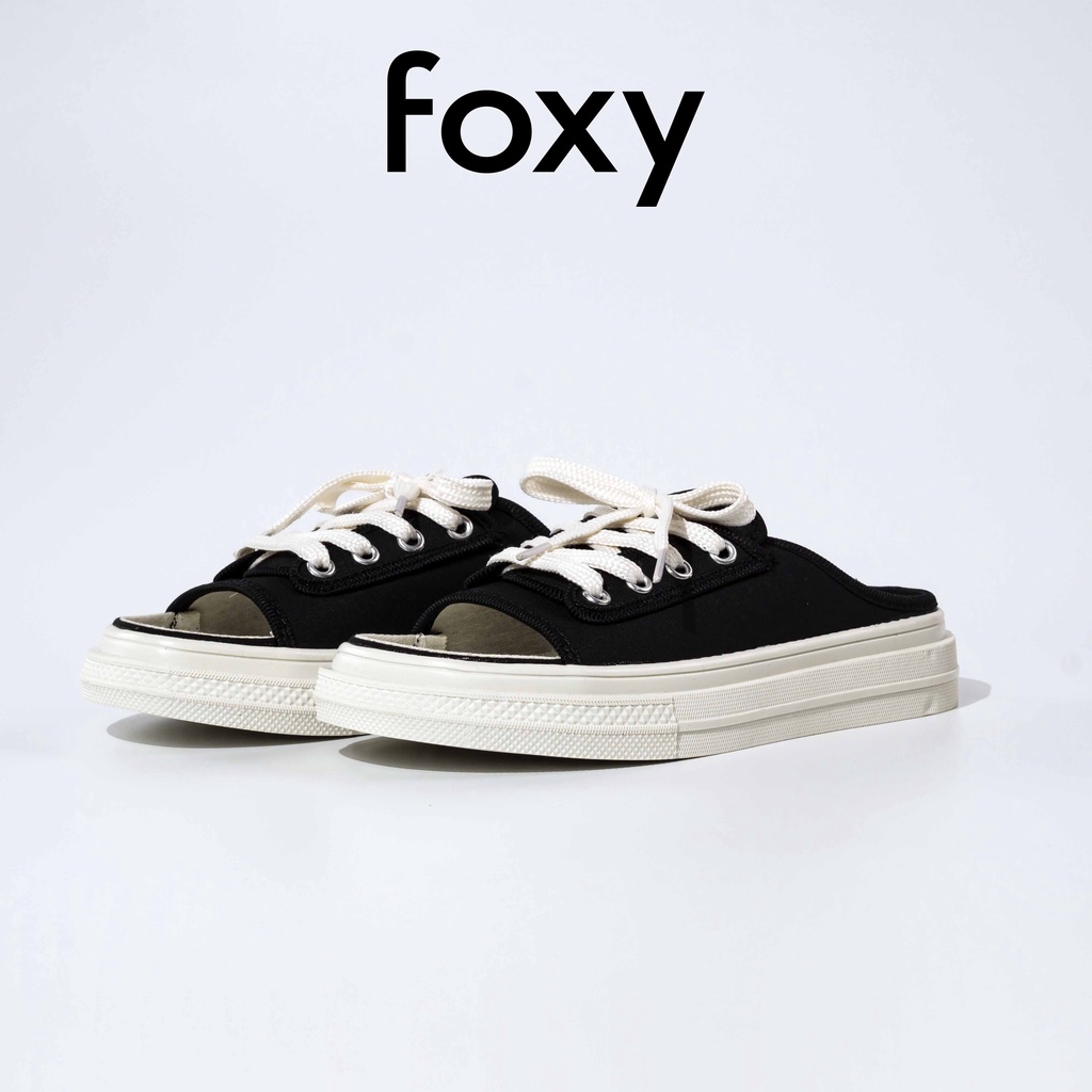 Giày Sục Nữ Thể Thao Giày Mules Nữ Hở Mũi Buộc Dây Màu Đen Đế Trắng Basic Foxy - FOM012