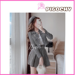 Đầm váy xếp ly nữ caro chất dạ quảng châu chất áo trơn mịn.