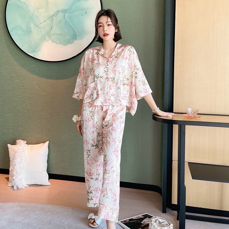 Pijama Lụa Cao Cấp Đồ Bộ Mặc Nhà Ngủ Nữ Chất Lụa Siêu Mềm Mát Mịn