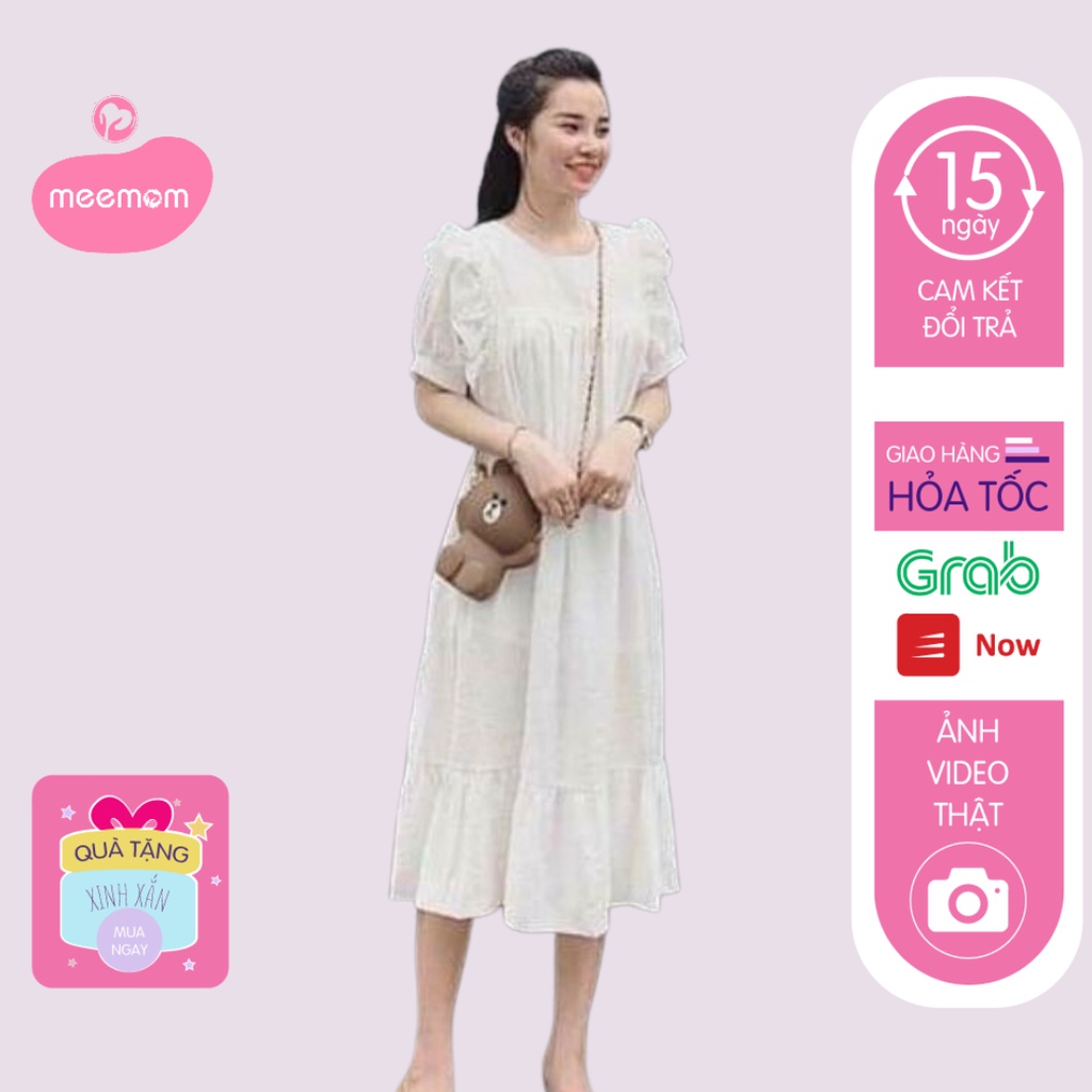 Váy bầu công sở - Đầm bầu đẹp màu trắng chất đũi hàn freesize tới 70kg BN40 - Meemom