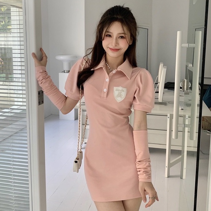 Đầm Ngắn Ôm Eo Tay Phồng Cổ Polo Thời Trang Mùa Hè Dành Cho Nữ