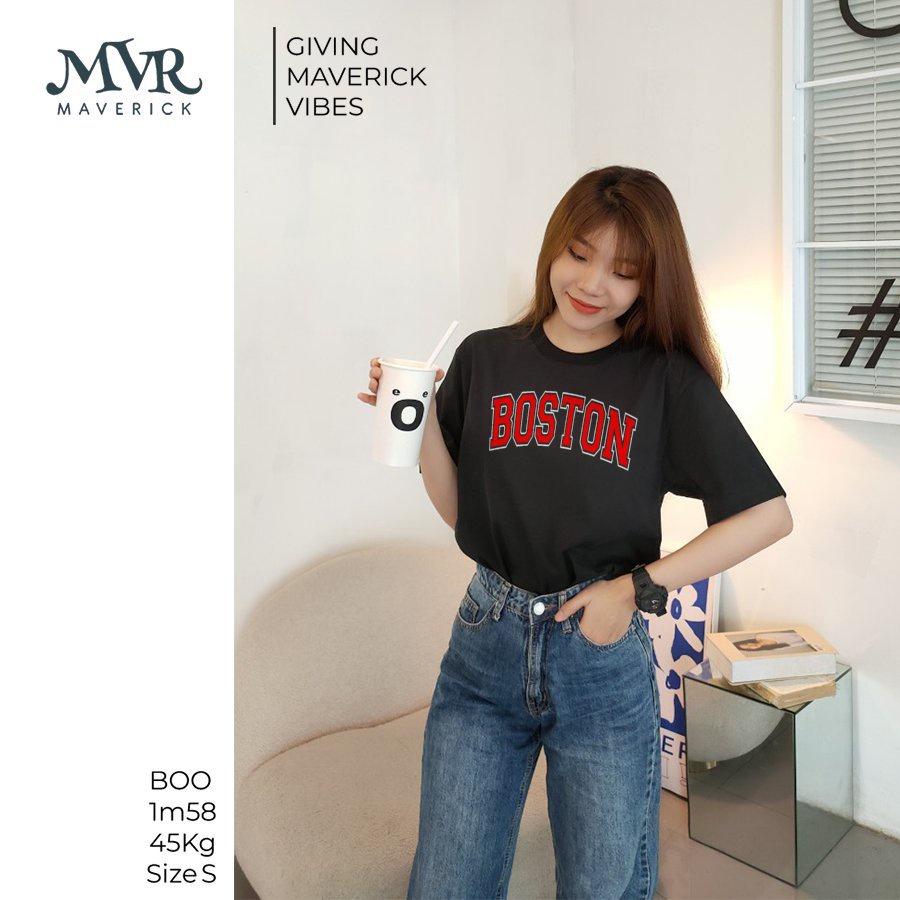Áo thun nam nữ phom rộng Cotton thoáng mát chữ Boston phong cách varsity bóng chày chữ đỏ MVR KK3938