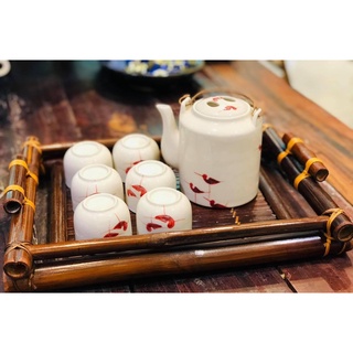 Sẵn” bộ tích chén trà sứ ấm cốc sứ uống trà bát tràng kèm khay mây