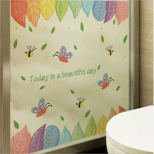 Decal dán kính cao cấp - Viền Lá Sắc Màu ( 60x58cm )