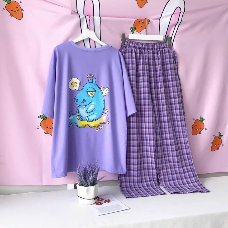 Combo bộ áo phông form rộng + quần caro form suông unisex