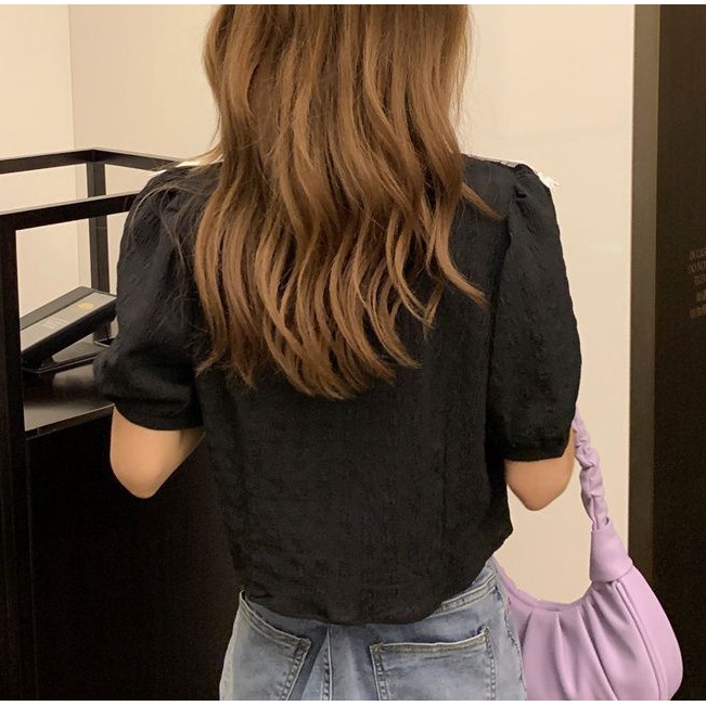 Áo Kiểu Tay Phồng Ngắn Cổ Peter Pan Phối Ren Phong Cách Retro Pháp Thời Trang Mùa Hè Cho Nữ