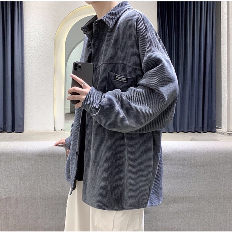 Áo sơ mi nam 🖤 FREESHIP 🖤 Áo sơmi nhung gân 2 túi màu ĐEN/XÁM form nam nữ unisex