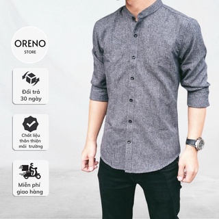 Áo sơ mi cổ tàu ORENO xám tiêu phong cách unisex form rộng cá tính cho giới trẻ