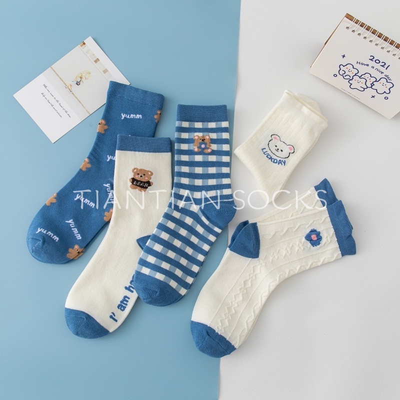 TIAN TIAN T126 Tất nữ cổ cao Hàng cao cấp Vớ Cotton nguyên chất in hình gấu hoạt hình phong cách Hàn Quốc dễ thương phong cách Nhật Bản cho học sinh