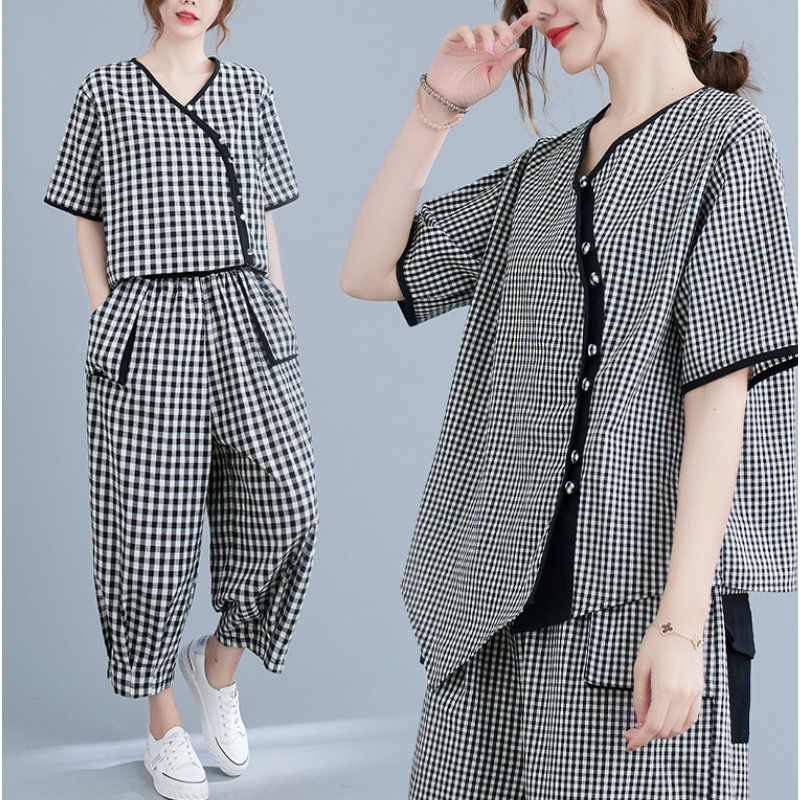 A015 Bộ đồ big size freesize kẻ caro kiểu dáng thiết kế mới phong cách
