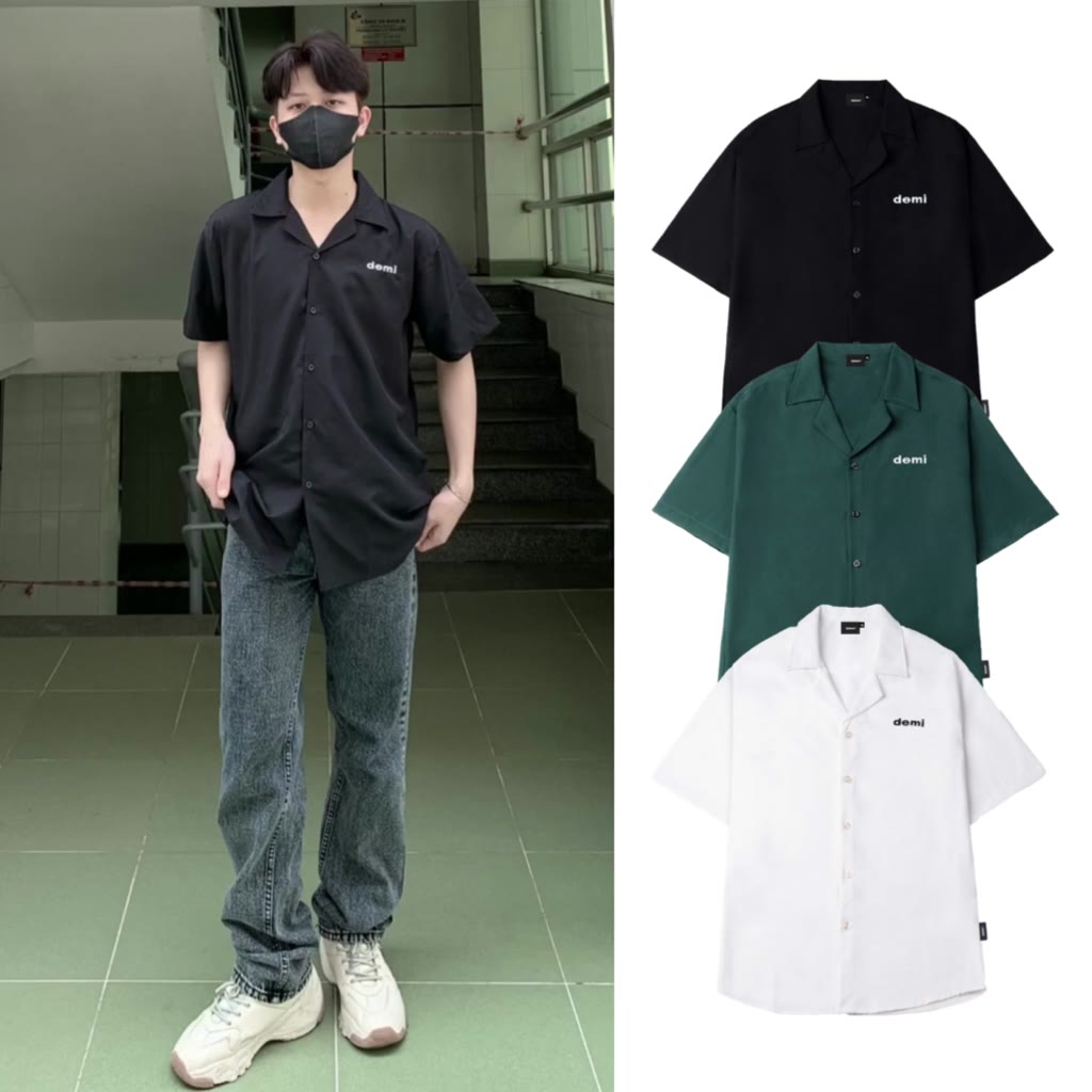 Áo sơ mi nam nữ local brand giá rẻ, sơ mi local brand tay ngắn form rộng màu trắng, đen, xanh lá DEMI | DE-S34 | BigBuy360 - bigbuy360.vn