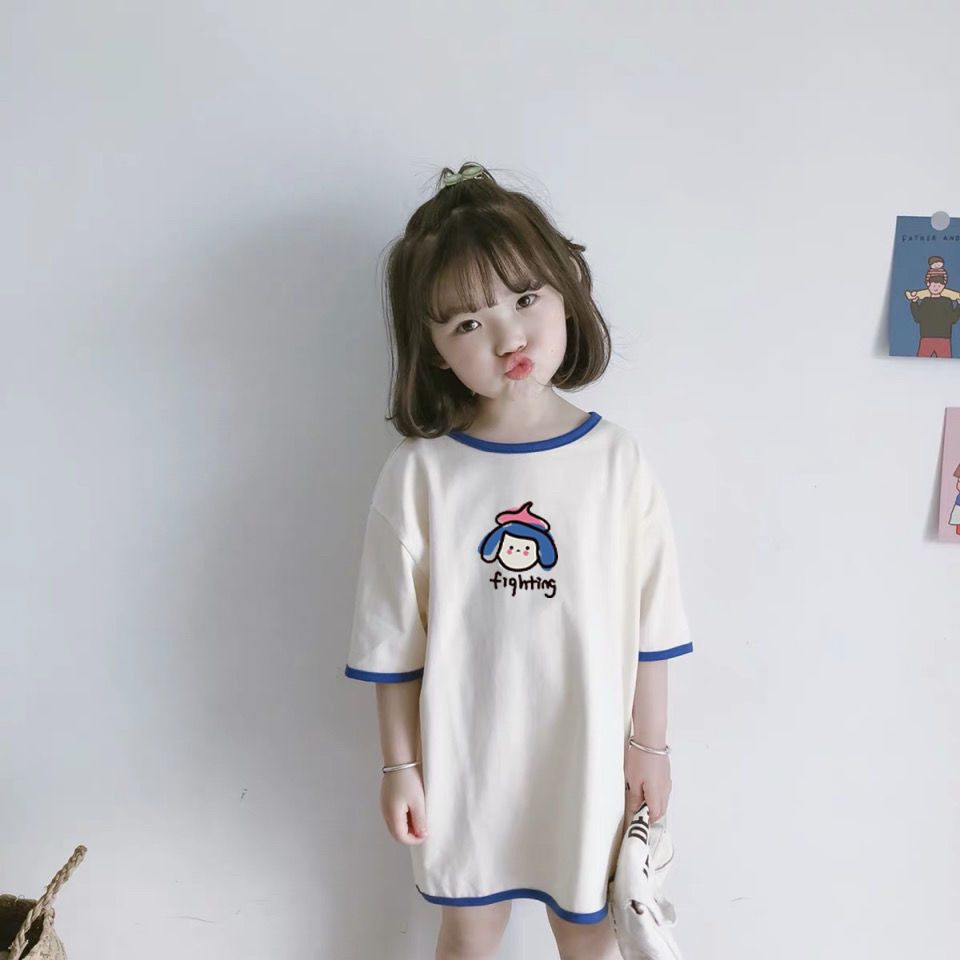 Summer dress new solid color casual loose girl short-sleeved T-shirt skirt cute color mid-length top