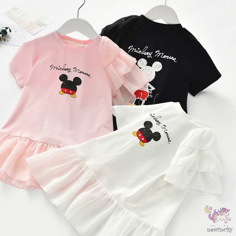Đầm Thun Tay Ngắn In Hình Chuột Mickey Dễ Thương Cho Bé