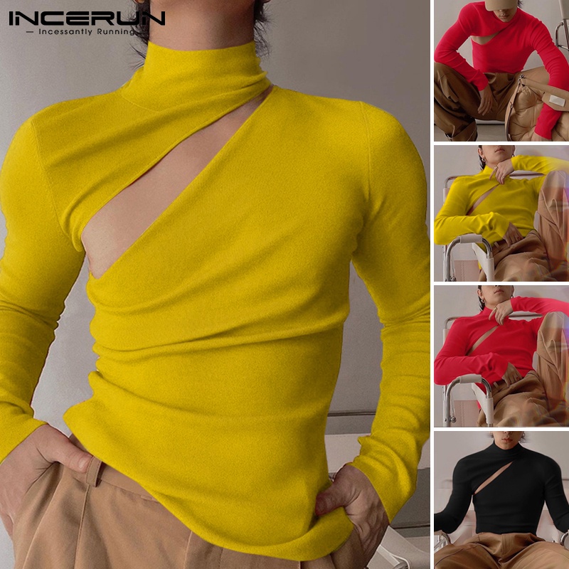 Áo INCERUN tay dài họa tiết khoét rỗng co giãn màu trơn thời trang thường ngày cho nam