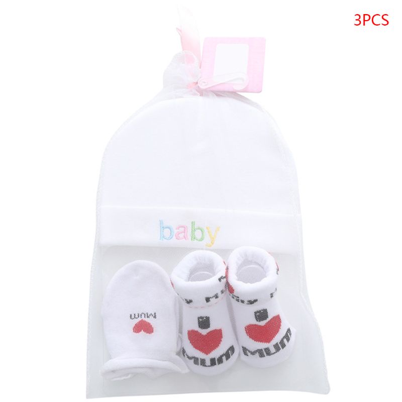 Bộ 3 Găng Tay + Mũ + Găng Tay + Vớ Bằng Cotton Dệt Kim Chống Trầy Xước Giữ Ấm Cho Bé Sơ Sinh