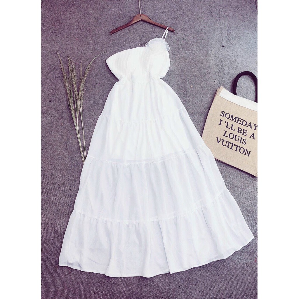 Đầm dự tiệc dáng dài maxi kèm hoa lệch vai màu trắng sang chảnh V100