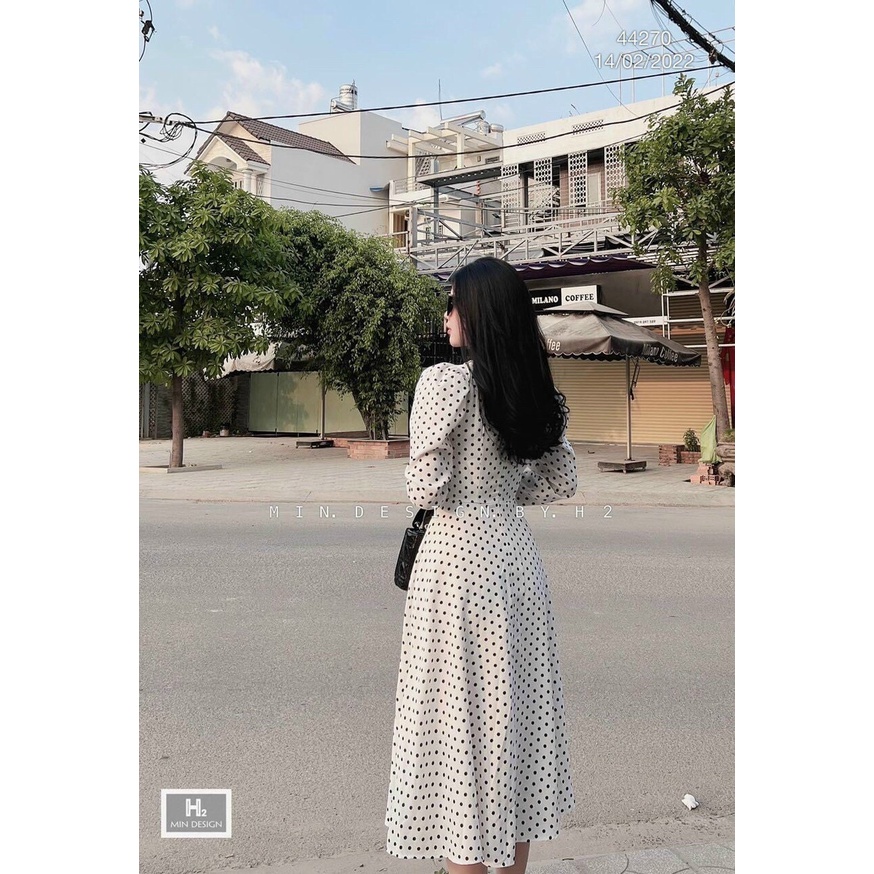 đầm lụa 100D dáng suông chấm bi cổ sơ mi dài tay