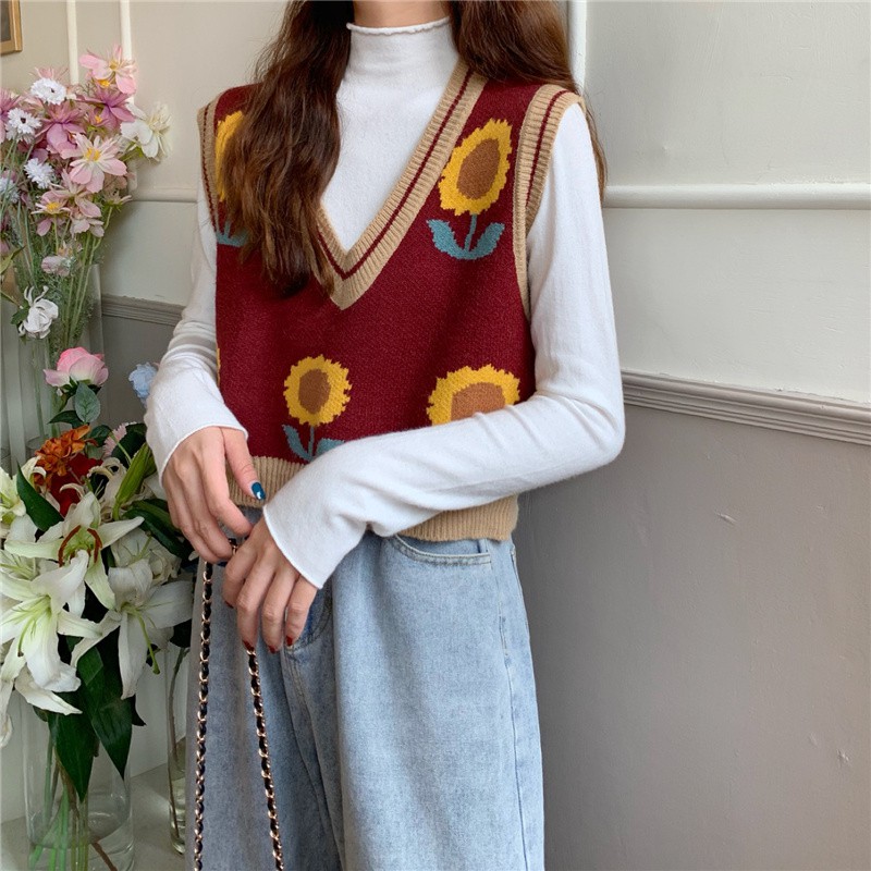 Áo Len Không Tay Cổ Chữ V Họa Tiết Hoa Hướng Dương Phong Cách Vintage Hàn Quốc