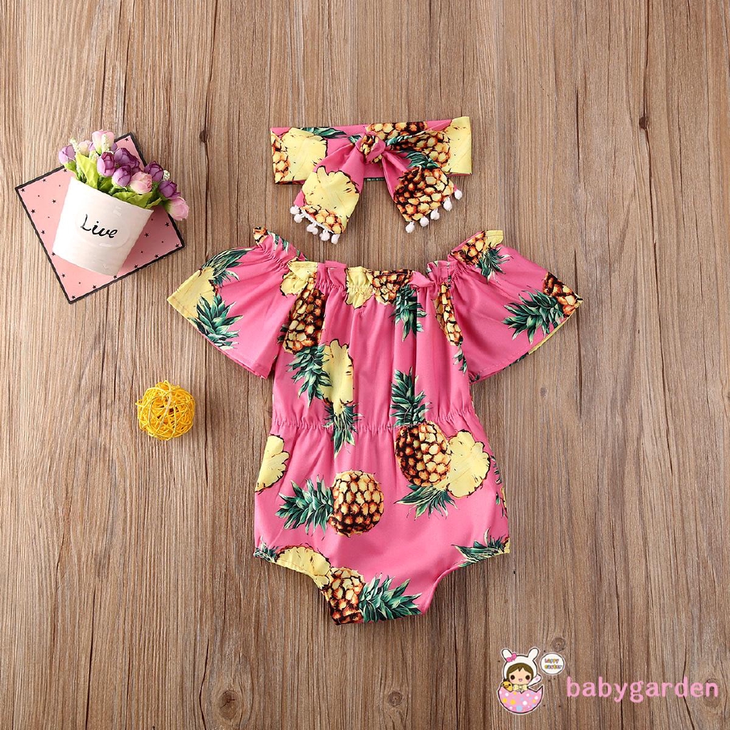 Set Áo Liền Quần In Hình Quả Dứa &amp; Băng Đô Quấn Đầu Cho Bé Gái