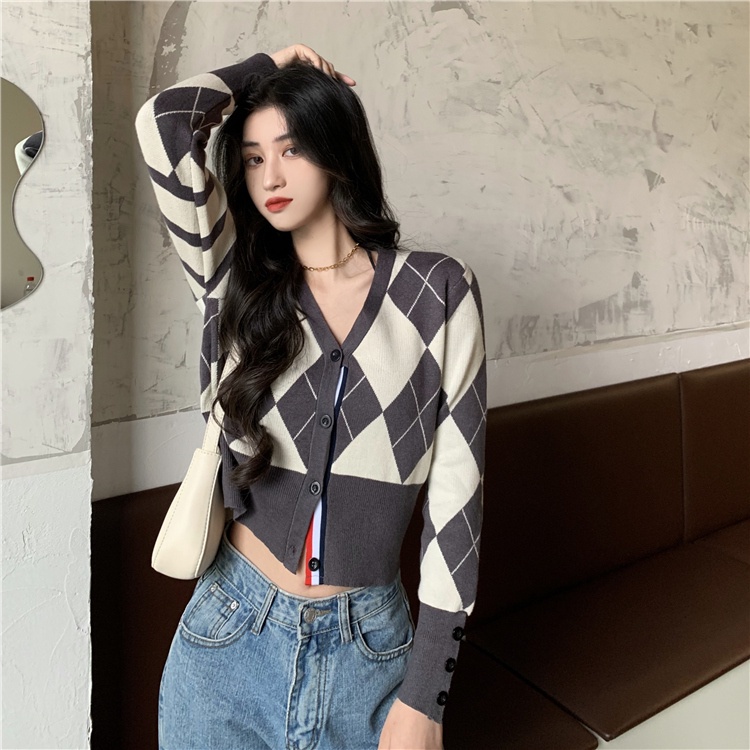 Áo khoác cardigan dệt kim tay dài họa tiết caro kim cương phong cách Anh Quốc thời trang mùa thu