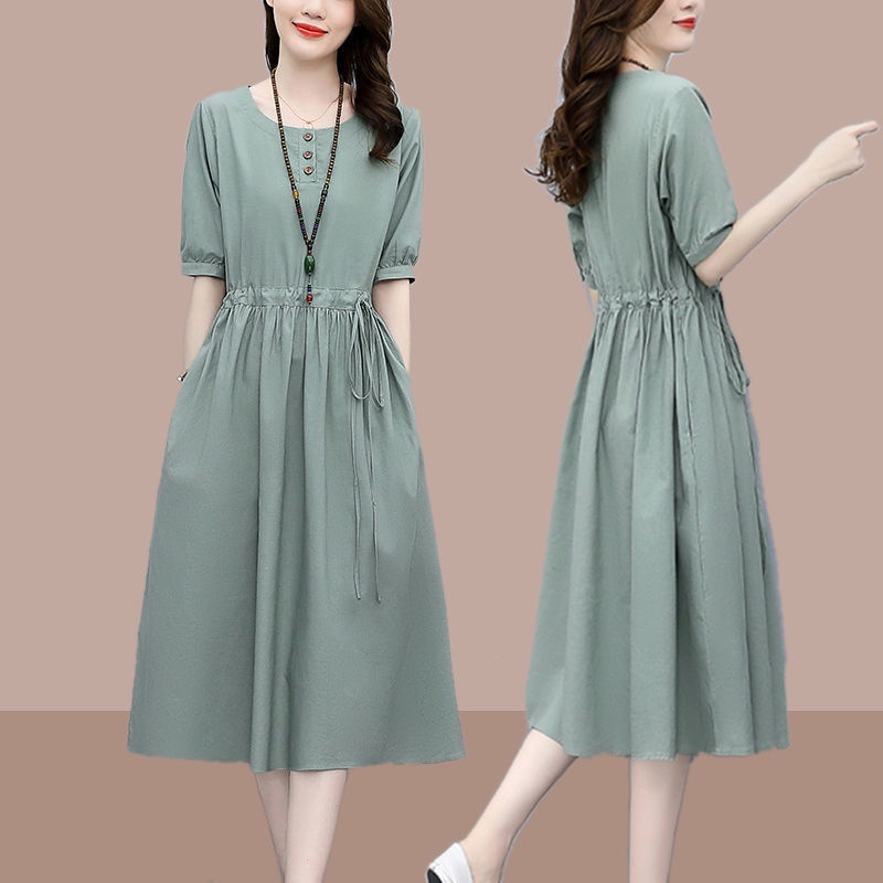 Plus Đầm Cotton Lanh Dáng Chữ a Ôm Eo Thời Trang Cho Phụ Nữ Trung Niên
