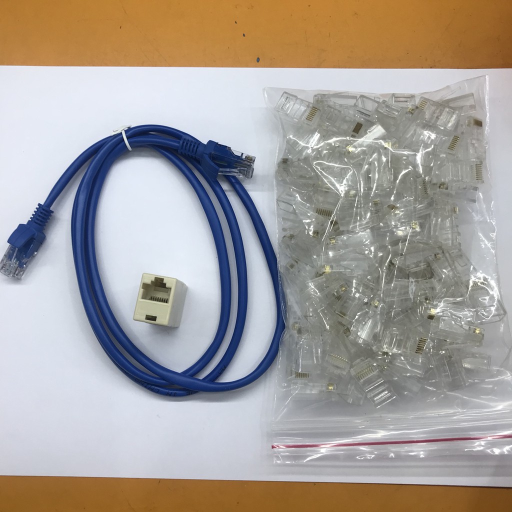 Combo bộ sản phẩm gồm: 01 dây mạng bấm sẵn 2 đầu 1.5m + 01 đầu nối dây mạng j45 1-1 + 100 hạt mạng j45