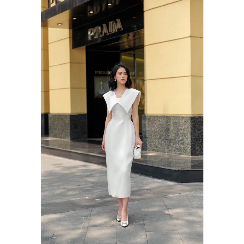 Đầm ôm body dáng dài sát nách phối bèo cổ (HÀNG CAO CẤP)
