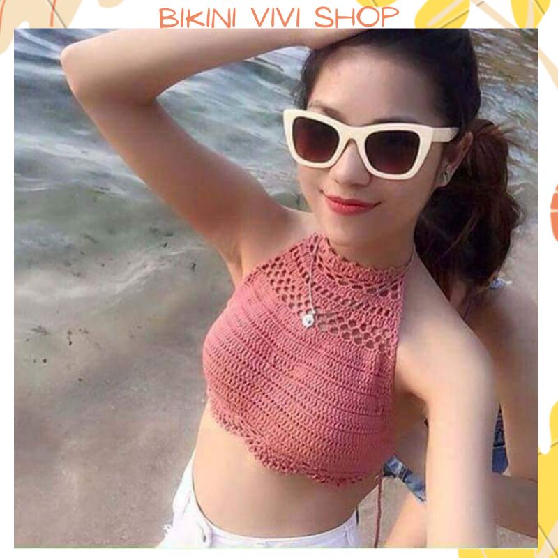 Áo Len Móc Đi Biển, Áo Len Đan Tay Yếm Hồng, Đồ Tắm Biển Nữ (Có Size) (Kèm Ảnh Thật)