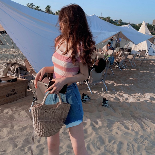 Linki ❀ Áo Dệt Kim Ngắn Tay Cổ Vuông Họa Tiết Kẻ Sọc Thời Trang Hàn Quốc Cho Nữ