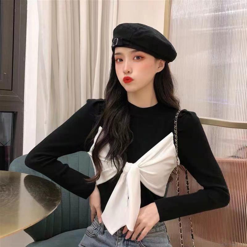 Áo nữ tay dài đính nơ thời trang thanh lịch