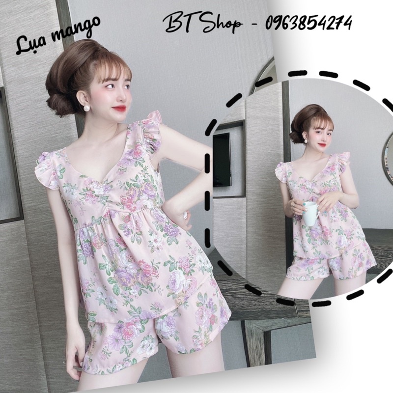 Đồ ngủ lụa mango tay cánh tiên quần đùi hoạ tiết freesize 42-57kg