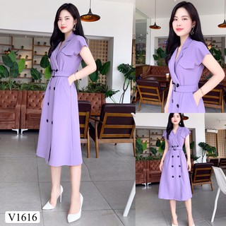Váy tím cổ Vest  đai thiết kế hàng cao cấp