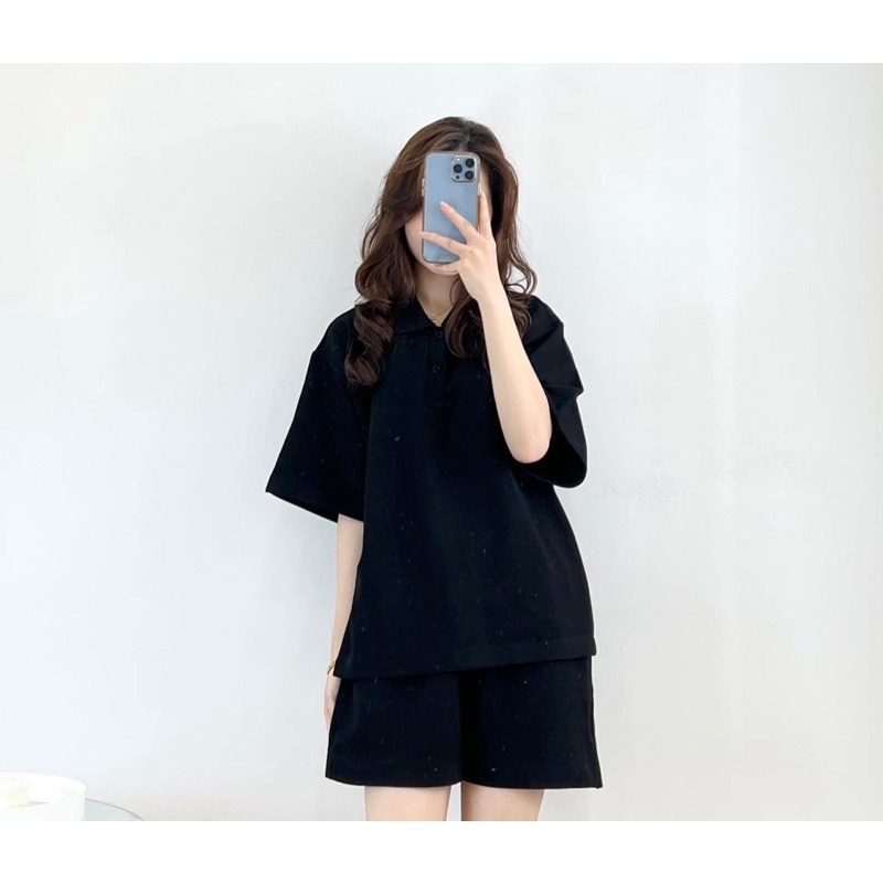 (Ảnh thật) Set áo polo thun tổ ong kèm quần short cạp chun
