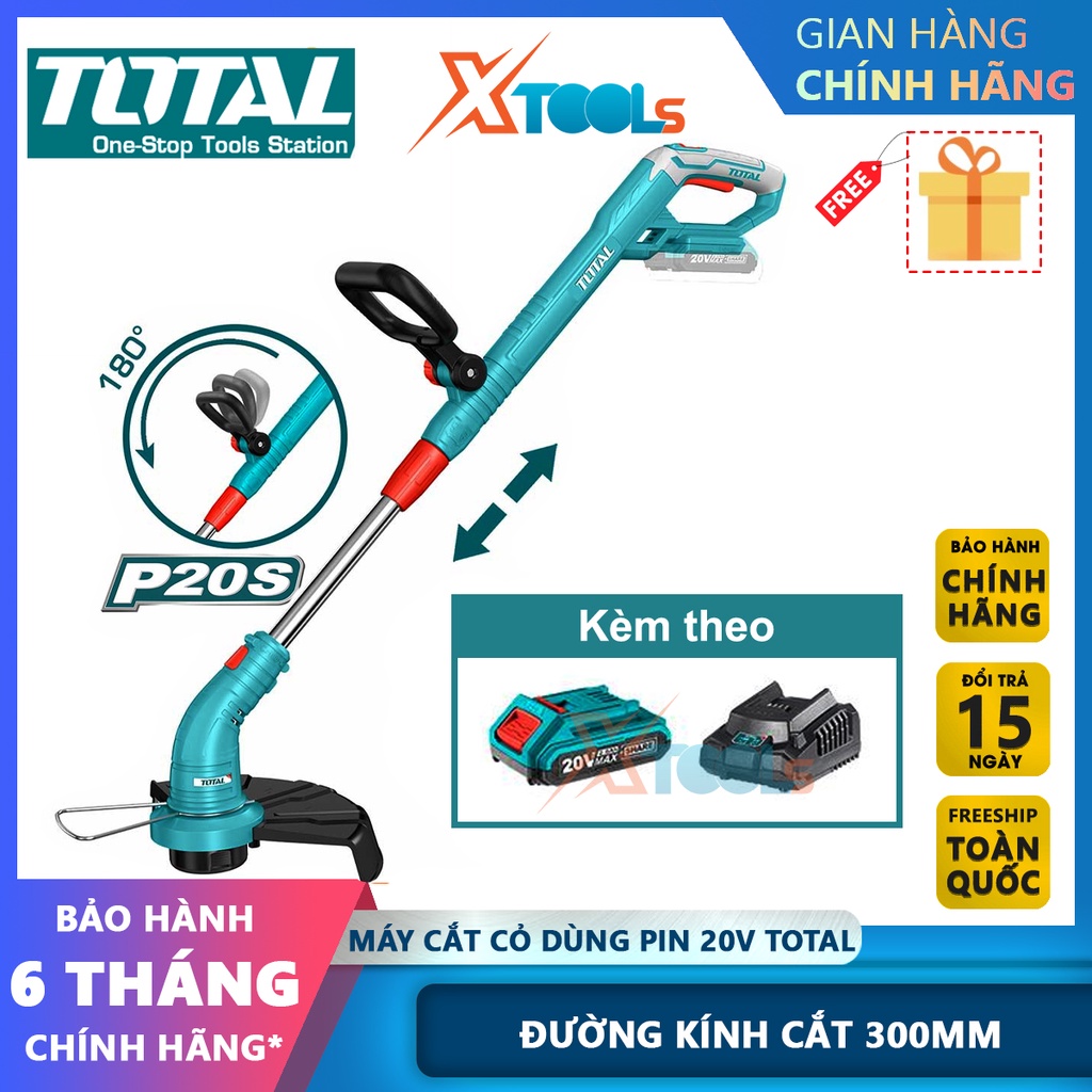 Máy cắt cỏ dùng pin Lithium-Ion 20V TOTAL TGTLI20301 (kèm pin và sạc), dây cước 1,6mm xoắn [CHÍNH HÃNG][XTOOLS]