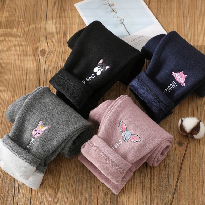 Quần legging cho bé gái nỉ lót lông mặc thu đông, co dãn, mềm mịn dễ thương size đại 6-40kg - Thêu Thú