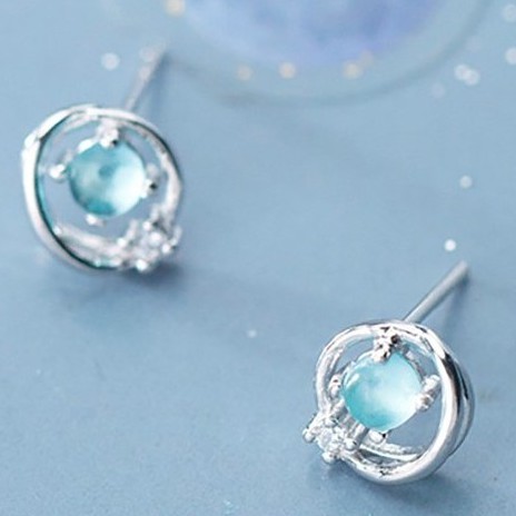 Khuyên Tai Nữ Hình Quả Đia Cầu Bạc 925 Đính Đá Màu Xanh Cho Nữ - B2427 - Bảo Ngọc jewelry
