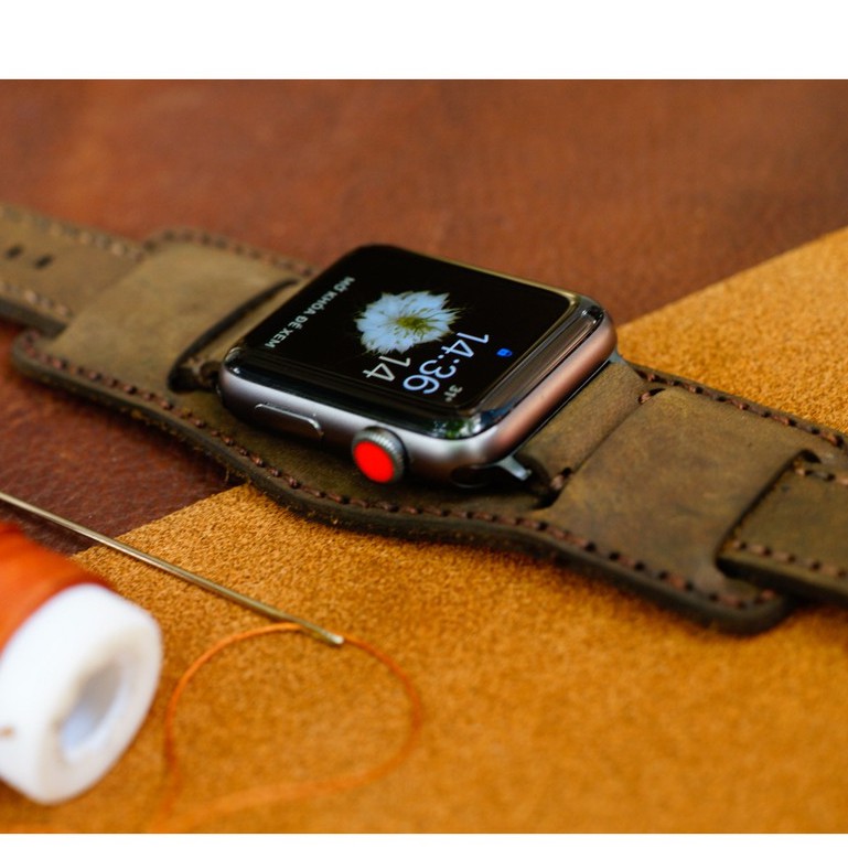 Dây Apple Watch , iWatch , iphone Watch da bò nâu đất kèm tấm đệm chống mồ hôi RAM Leather Bundstrap b2 kiểu quân đội