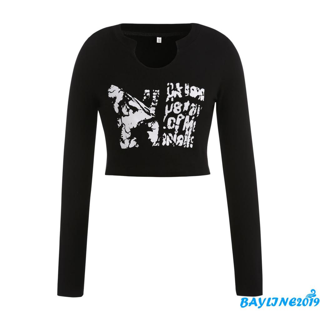 Áo croptop tay dài hở rốn in màu sành điệu cho nữ