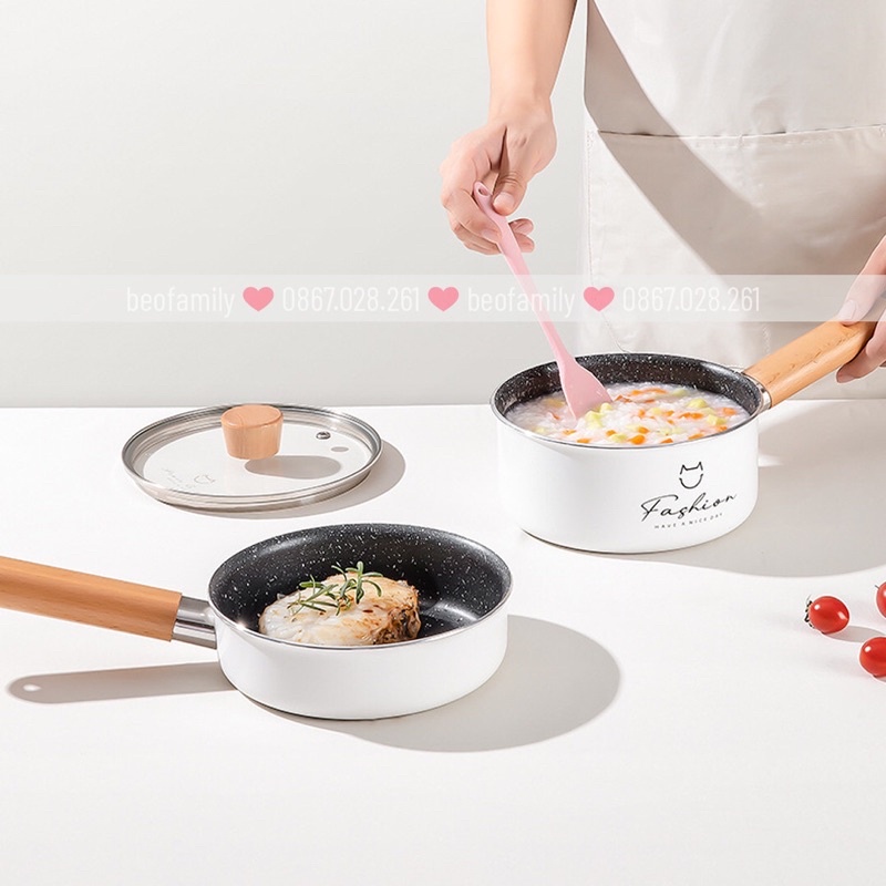 Bộ Nồi Chảo Đá Chống Dính Kèm Xửng Hấp, Bộ Nồi Chảo Đá FASHION 16cm Cho Bé Ăn Dặm Kèm Quà Tặng
